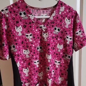 Pink Cat Print Scrub Top